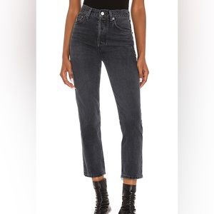 Agolde washed black Riley button fully high rise crop straight leg jeans